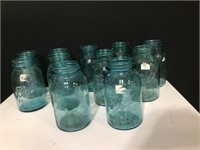 (11) Ball Green/Blue Mason Jars Lot