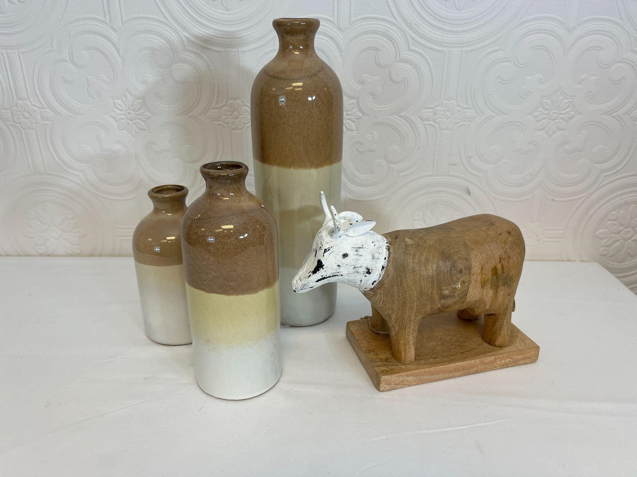 Set of 3 Vases & Rustic Bull