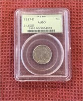 1937D 3 LEG BUFFALO NICKEL GRADED AU 50