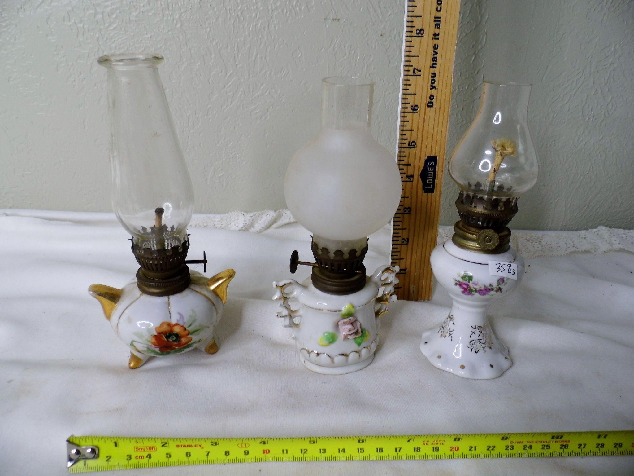 3 Vtg Mini Porcelain Oil Lamps