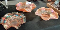 3 Vintage carnival glass dishes, 7 - 8" wide