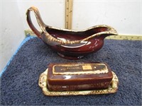 HULL BROWN DRIP POTTERY GRAVY BOAT & BUTTER DISH