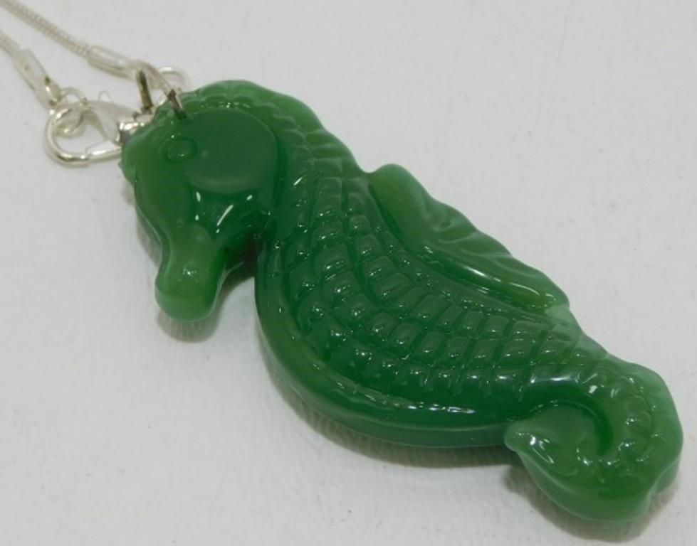 Green Jade Sea Horse with a .925 Sterling Silver