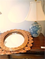 WICKER FRAMED MIRROR AND LAMP