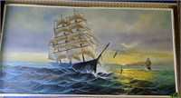 Ship Painting On Canvas Signed Preston Willis 48"