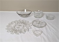 GLASS AND CRYSTAL VINTAGE SERVING DISHES AND PLATE