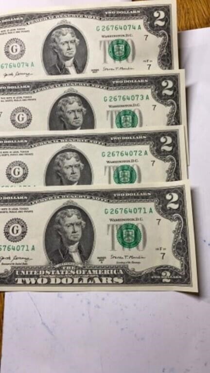 (4) uncirculated $2 bills w/consecutive serial#