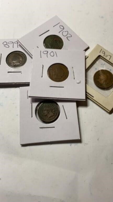 (5) assorted years Indian head pennies