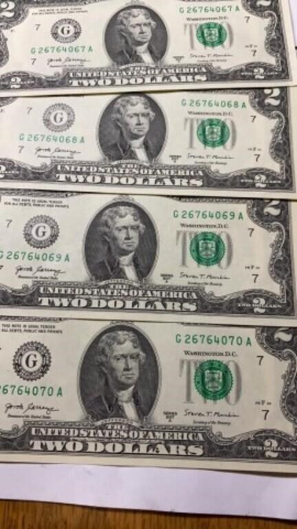 (4) uncirculated $2 bills w/consecutive serial#