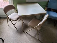 Card table, folding chairs (2)