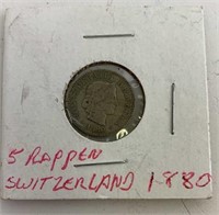 1880 Switzerland 5 Rappen coin