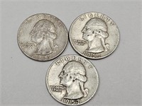 3- 1957 D Washington Silver Quarters