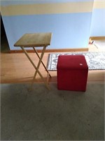 TV tray and red ottoman w/contents