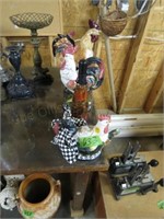 Four Rooster Figures and Glass Bottle