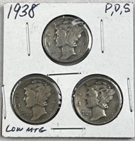 1938-P,D,S Mercury Silver Dimes, US 10c Coins