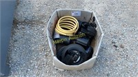 box of misc cup holders & 2 lawn mower tires