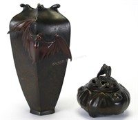 Oriental Bronze Bat Vase and Censer