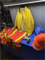XXL Rain jacket, two XL safety vest, a pair of