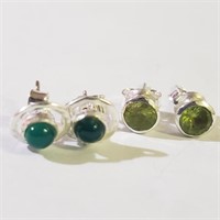 $100 Silver Lot Of 2 Green Onyx Peridot Earrings