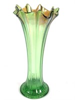 Green Carnival Glass Vase w/ Orange Ombre Top 10"H