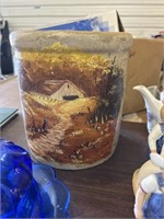 Crock with painted barn scene 8” tall