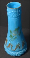 9" Victorian Blue Milk Glass Painted Vase