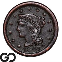 1847 Braided Hair Large Cent, Choice VF++/XF