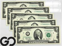 5x $2 Federal Reserve Notes, Sequential Serial #s