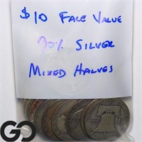 $10 Face Value 90% Silver, Mixed Halves