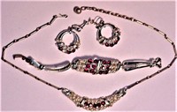 4 pc Parure Ruby-Rhinestones Necklace Earrings