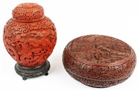 HAND CARVED CINNABAR LACQUER URN & BOX LOT OF 2