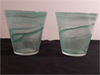 2pc Kosta Boda Clear Teal Swirl Blown Glass