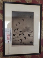 Original framed lithograph of duck in marsh