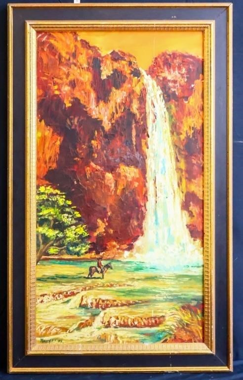 Vntg 38.25x23.5 waterfall oil painting, Nancy Kirk