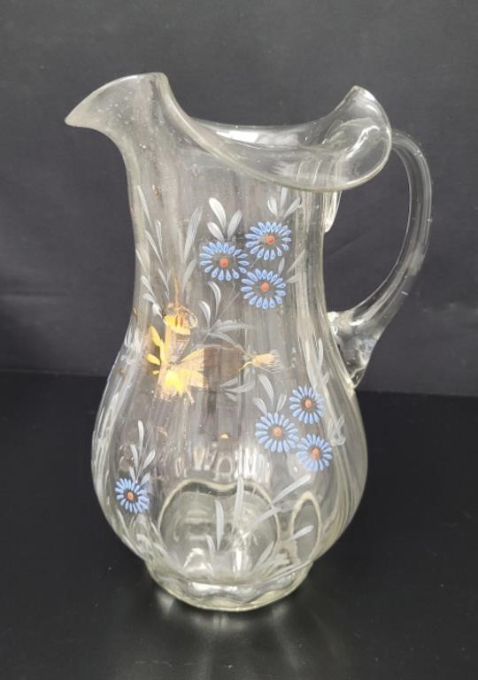 Hand Blown, Hand Painted Floral Glass Pitcher