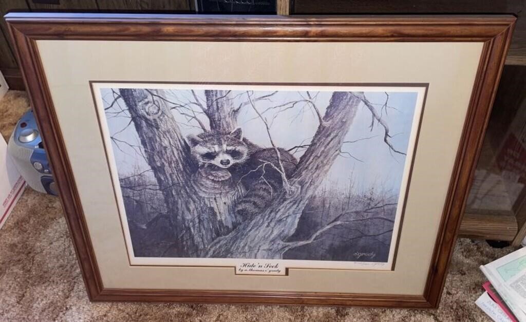 Vintage Framed Lithograph "Hide 'n Seek" by