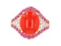 Red Coral Ruby & Diamond 10k Yellow Gold Ring