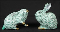 Two Herend Rabbit Porcelain Figurines in Green