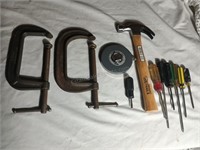 C Clamps, Hammer, Assorted Screwdrivers