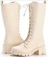 Women's Platform Lace Up Combat Boots - Beige, 7.5