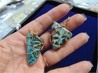 2 Turquoise Stone Pendant W/Wrapped Gold Wire