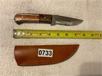 Fixed Blade Damascus Knife w/ leather sheath- nice