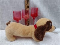 weiner dog plush toy, 3 red glass votive holders