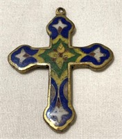 Antique cloisonné-style brass cross pendant