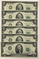 (6) 1976 Consecutive $2.00 Bills