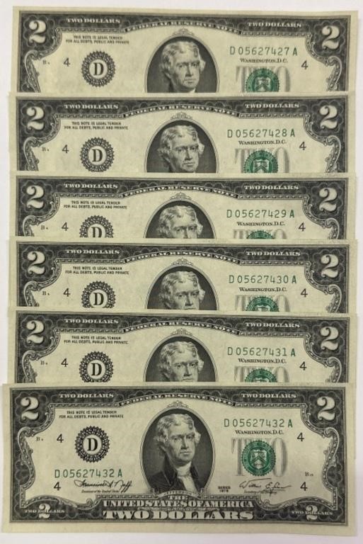 (6) 1976 Consecutive $2.00 Bills