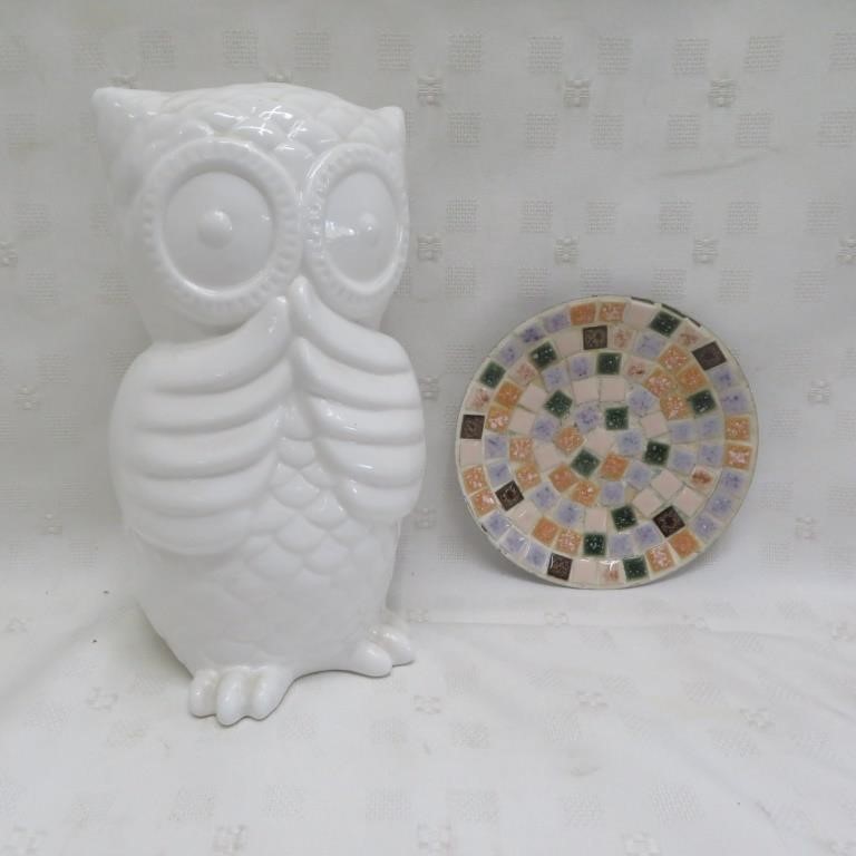 Owl Figurine - Ceramic & Mosaic Plate