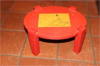 Red footstool with Oriental man titled "Hermit