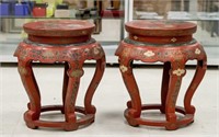 Pair of Chinese Red Lacquer Wood Round Stools