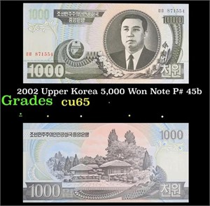 2002 Upper Korea 5,000 Won Note P# 45b Grades Gem